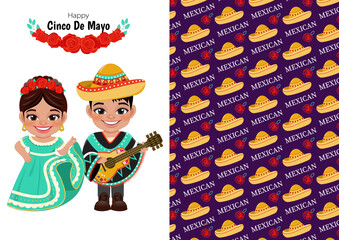 Cinco de Mayo in May 5 federal holiday in Mexico with kids in mexican outfits and mexican background card template vector