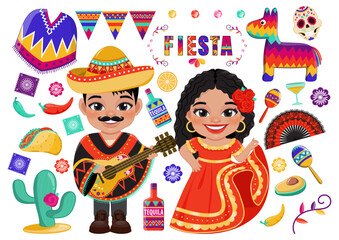 Obraz na płótnie Canvas Cinco de Mayo Mexican Holiday with kids and elements set. Greeting card, poster and banner template design