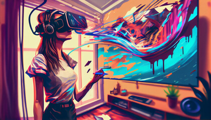 a girl painting in the metaverse, virtual reality, VR