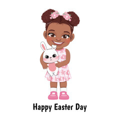 Happy Easter Day with Black Girl Holding Bunny Cartoon Character