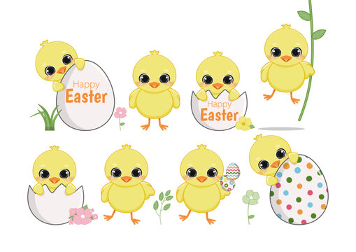 Happy Easter Day with Set of cute chicks. Funny yellow chicken in cracked eggs and eggs shell, cartoon characters, vector illustration, flat design