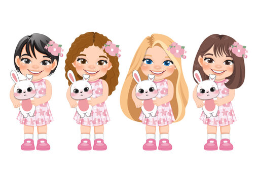 Happy Easter Day with Cute Girls Holding Bunny Cartoon Character