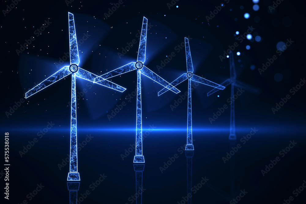 Poster innovative technologies and green energy concept with digital glowing windmills full of energy on ab