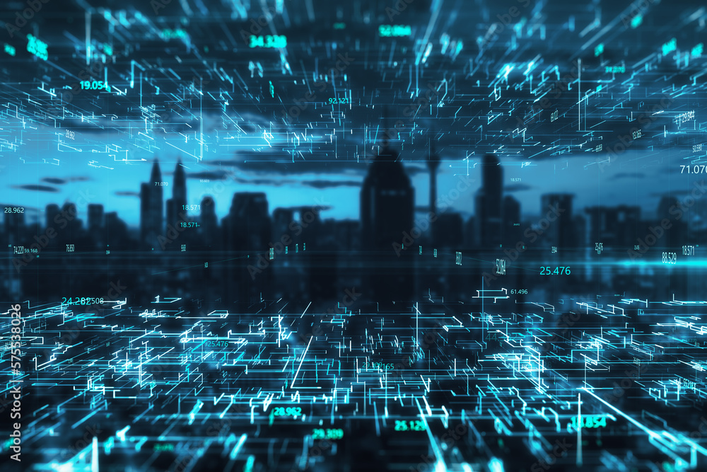 Poster creative glowing metaverse city wallpaper with coding. technology, future and digital world concept.