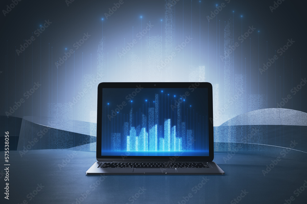 Poster Close up of laptop computer on desktop with glowing digital city hologram on screen and gray background. City projection futuristic holographic design. 3D Rendering.