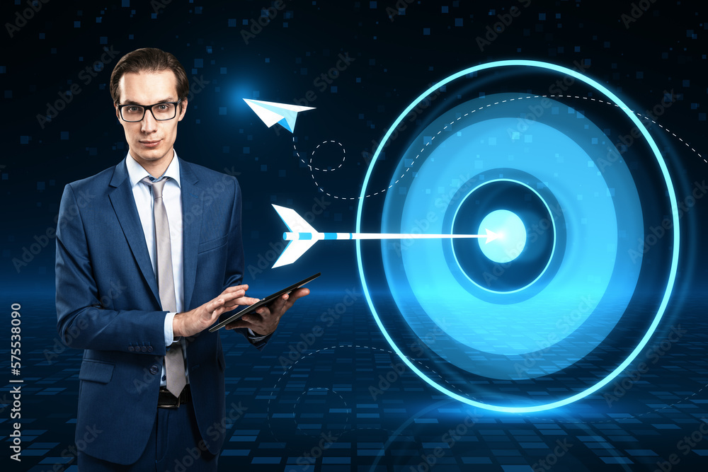 Poster target concept with a glowing hologram of bullseye and arrow hitting the center. growth strategy. go