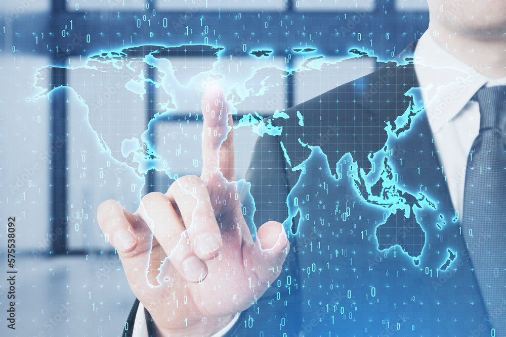 Poster Close up of businessman hand pointing at glowing binary code map hologram on blurry office interior background. Software and global technology concept. Double exposure.