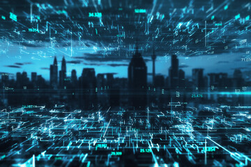 Creative glowing metaverse city wallpaper with coding. Technology, future and digital world concept. Double exposure.
