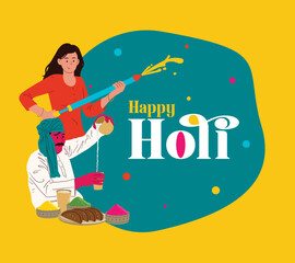 Happy Holi text with a girl playing with colors and a man with a Holi food vector design.