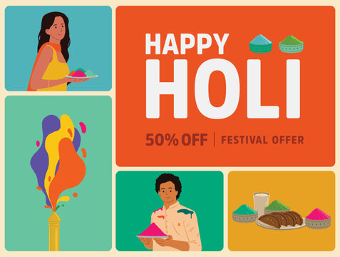 Editable vector for Holi colors, food, and people with happy Holi text set for the Indian festival Holi.