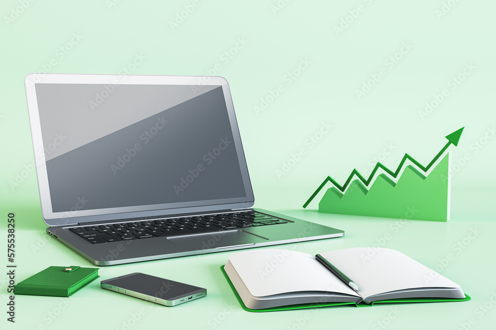Aufkleber Clean laptop computer display, supplies and creative colorful business chart on workplace desktop. Analytics, workplace and software development concept. Mock up, 3D Rendering.