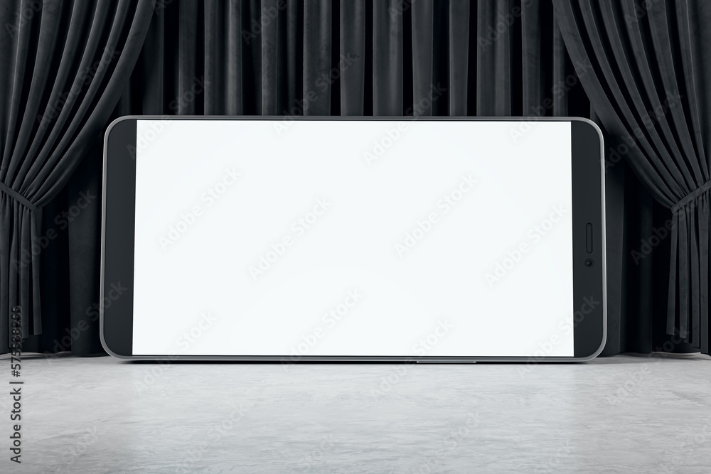 Poster Front view on huge smartphone blank white screen with place for your web design or landing web page on concrete floor and on black backstage curtain background, online movie. 3D rendering, mockup
