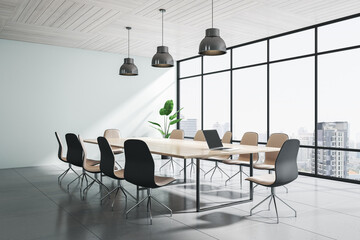 Modern concrete and wooden meeting room office interior with panoramic windows, city view, lamps and furniture. 3D Rendering.