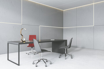 Clean concrete office interior with furniture. 3D Rendering.