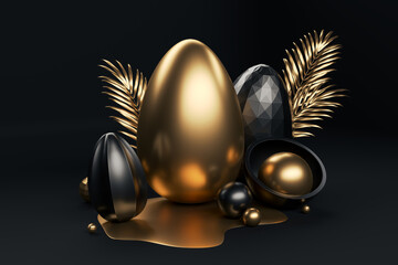 Luxury background with golden and black eggs. 3d luxury golden easter eggs. Trendy black and golden composition holiday invitation, banner, poster templates Happy Easter. 3d render. 3d illustration.