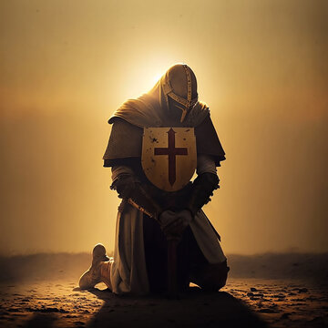 A wounded knights templar is on his knees praying to God - Generative AI Illustrations