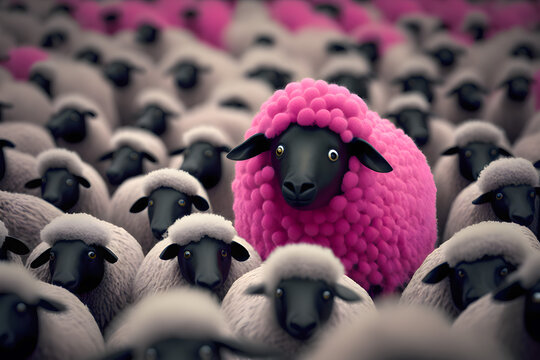 Pink sheep in a herd of other white. Be a white crow. To be different. Generative AI
