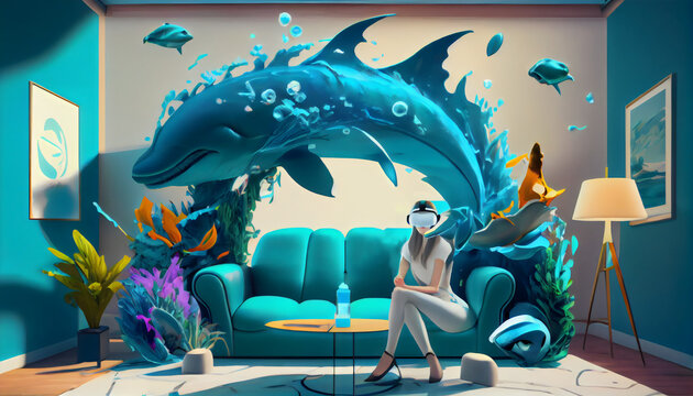 Lady taking VR headset and imaging in the sea world with dolphins and fish 