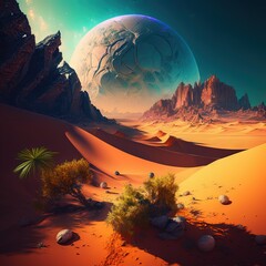 desert with a planetary sky colorful sci-fi Generative AI - obrazy, fototapety, plakaty