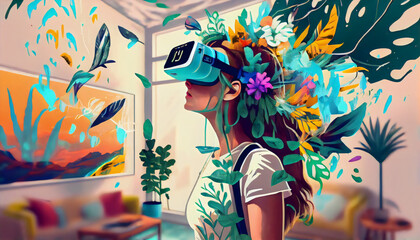 A woman with a VR headset, painting in virtual reality  