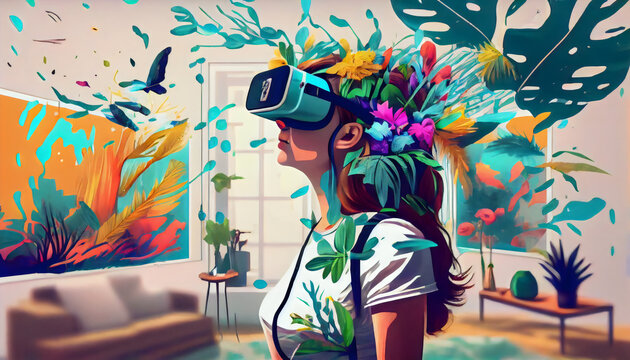 A woman with a VR headset, painting in virtual reality  