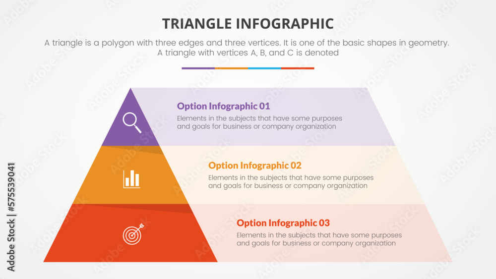 Aufkleber infographic triangle concept for slide presentation with 3 point list with flat style