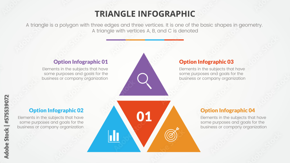 Poster infographic triangle concept for slide presentation with 3 point list with flat style