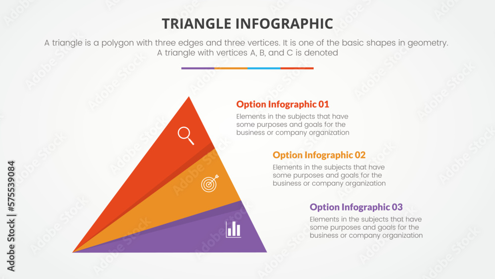 Poster infographic triangle concept for slide presentation with 3 point list with flat style