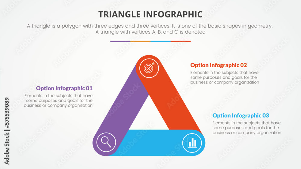 Poster infographic triangle concept for slide presentation with 3 point list with flat style
