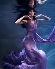 A fashionable stylish girl at the show under the water in the pool in a long lilac dress of Asian appearance. fashion style show model