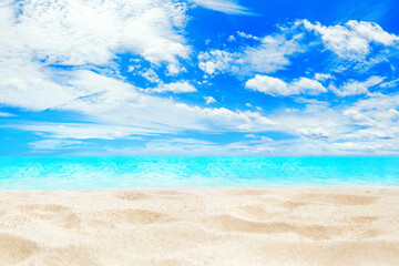 Tropical island paradise beach, green coconut palm tree leaf, sand, blue sea water turquoise ocean, sun sky white cloud, beautiful landscape, summer holidays, vacation, travel banner, empty copy space