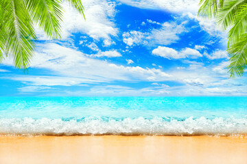 Fototapeta na wymiar Tropical island paradise beach, green coconut palm tree leaves, sand, blue sea water, turquoise ocean wave, sun sky white clouds, beautiful panorama landscape, summer holidays, vacation, travel banner