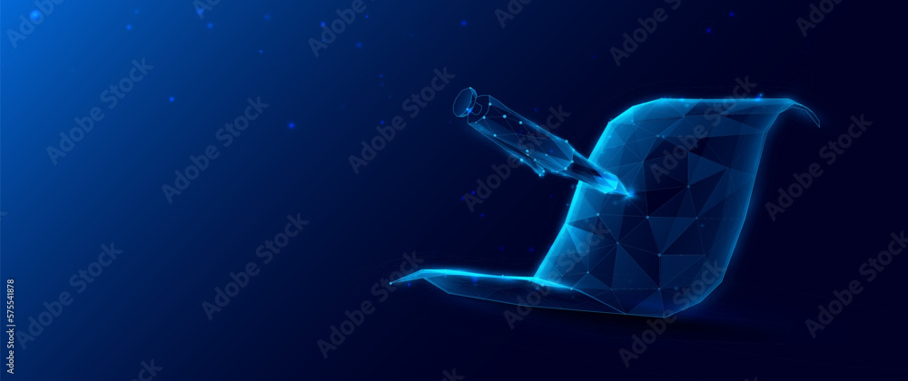 Poster digital signature. online signature. low polygonal wireframe style with a pen and paper. vector illu