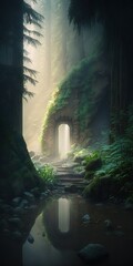 Obraz premium zen meditation garden with crystal caves and streams in the middle of redwood forest Generative AI