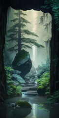 zen meditation garden with crystal caves and streams in the middle of redwood forest Generative AI