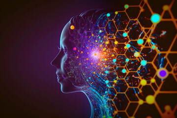 Abstract image of a profile of a human head and consciousness with physical and chemical structures in the head and on the background. Concept scientist knowledge discovery research. Generative AI