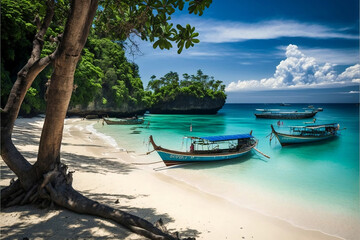 Naklejka na ściany i meble Generative AI Takes a Virtual Tour of Bali's Beach: Palm Trees, Boats, Blue Seas, and White Sand