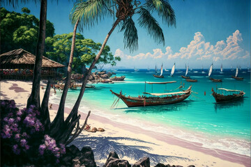 Fototapeta na wymiar the beauty of bali beach, Idyllic tropical beach, palm, boat, blue sea, white sand