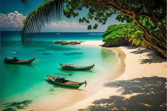the beauty of bali beach, Idyllic tropical beach, palm, boat, blue sea, white sand