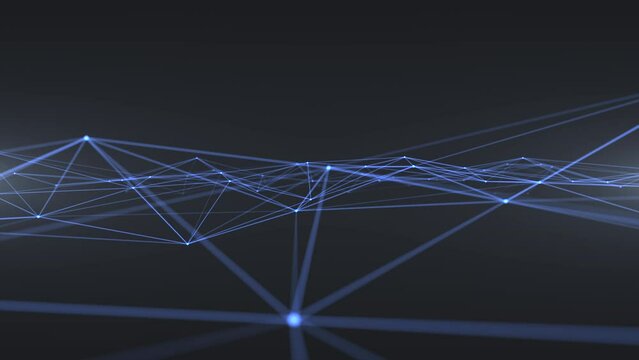 Abstract geometric animation of blue lines and dots on a dark background. Fly from right to left. 3D render. 4K.