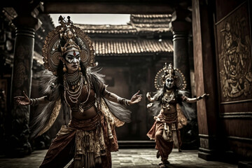 Generative AI Explores the Grace and Elegance of Balinese Dance: An Indonesian Girl Dances in Traditional Costume at a Bali Temple