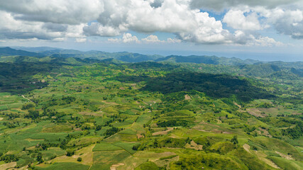 Fototapeta premium Aerial view of mountain valley with farmland. Negros, Philippines