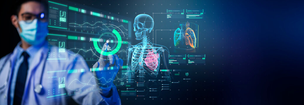 Digital doctor healthcare science medical remote technology concept AI metaverse doctor optimize patient care medicine pharmaceuticals biologics treatment VR examination diagnosis doctor working 