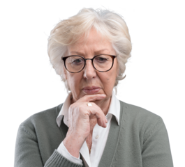 Pensive senior woman thinking with hand on chin
