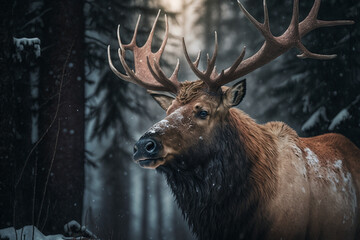 Cinematic shot of a majestic Elk wandering in the lush forest