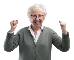 Cheerful senior lady celebrating her victory with raised fists