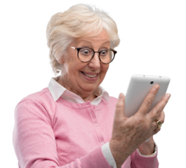 Happy surprised senior lady using a digital tablet
