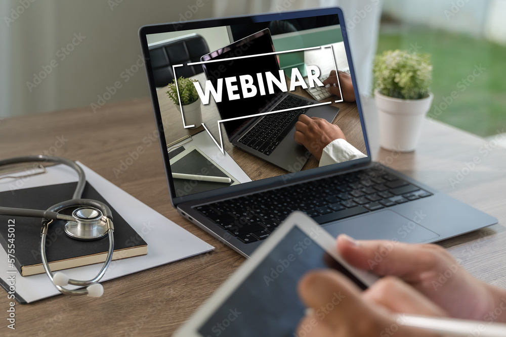 Poster webinar, hands-on table use e-business connection on computer, man working from home participating i