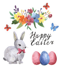 Watercolor set of Easter elements, eggs, rabbit, chicken, commendable lettering,flowers