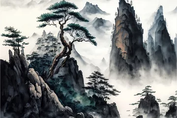 Sierkussen "Exploring the Beauty of Contemporary Chinese Landscape Painting through Generative AI © jambulart
